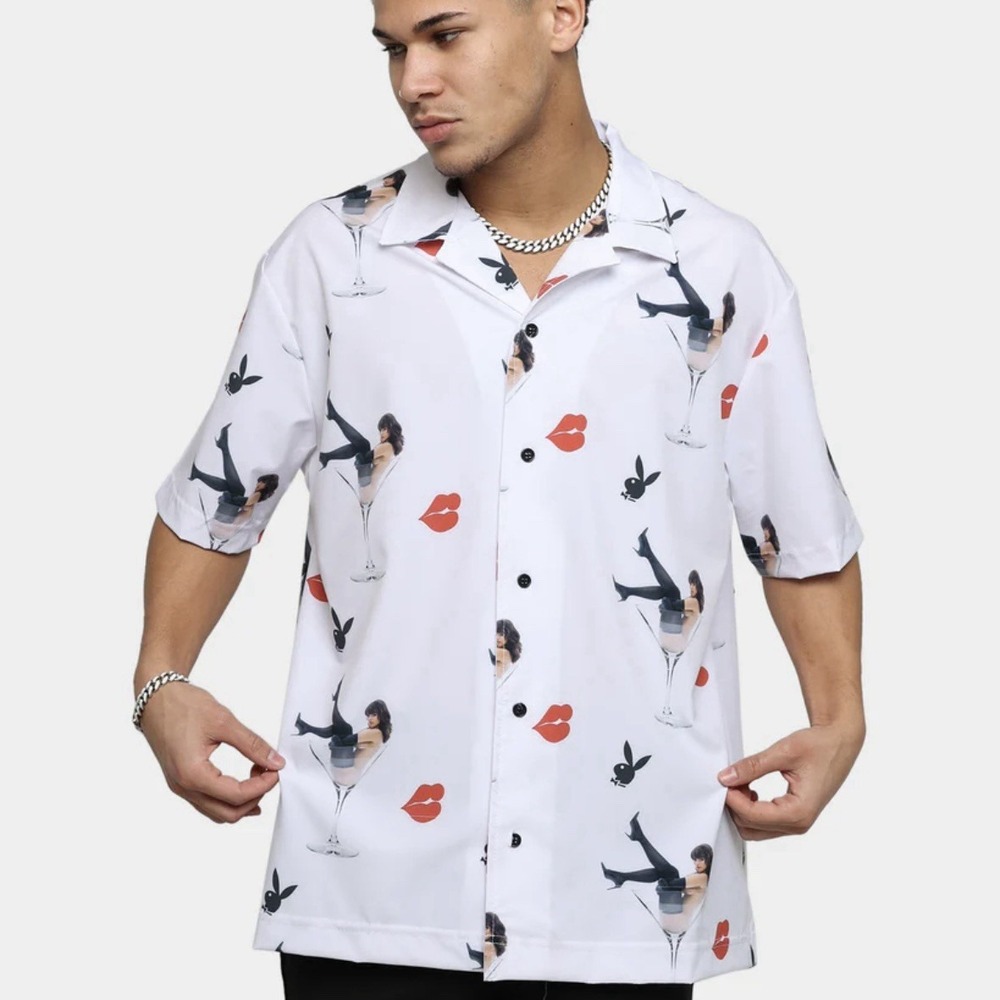 Playboy by Culture Kings Party Cocktail Shirt Size Large Relaxed Fit Camp Collar